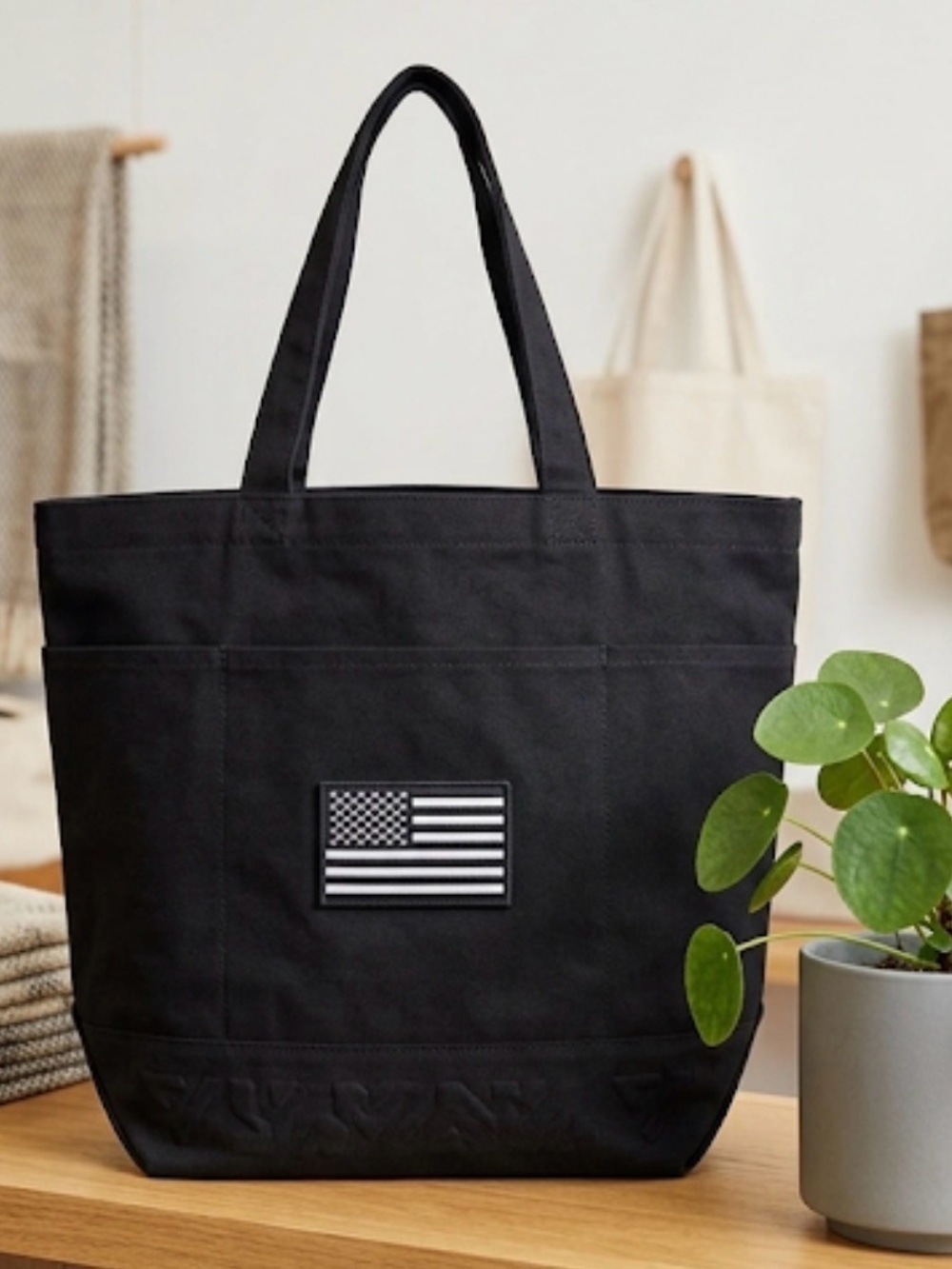 Black Tote Bag with Flag Patch